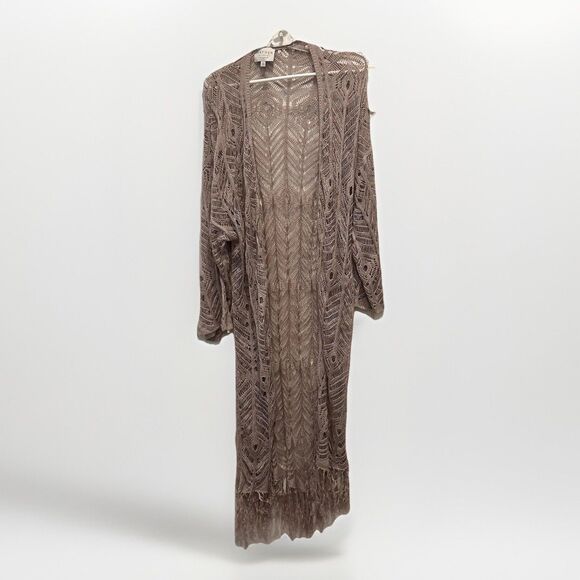 Hayden Los Angeles Boho Open Cardigan Sweater Large Crochet Dusty Pink Fringe - Picture 1 of 8